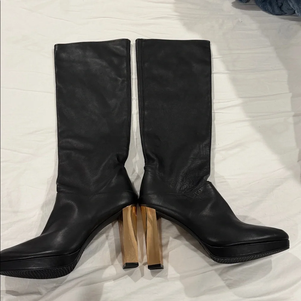 Stuart Weitzman Black leather Over-The-Knee Boots with Gold Block Heel